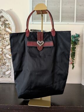 Brighton Large Black Nylon Tote with Woven Leather Heart Detail